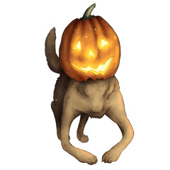 Happy Halloween. Scary dog with a pumpkin on his head. - 381096765