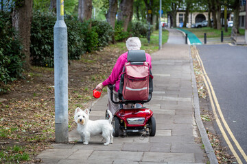 An elderly woman in a mobility scooter walking her dog