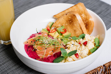 Tasty breakfast with salmon, and vegetables