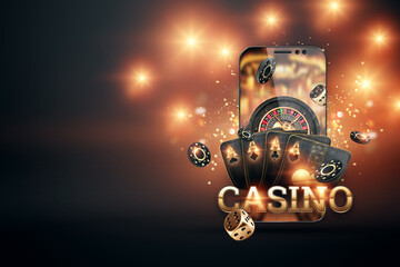 Creative background, online casino, smartphone with playing cards roulette and chips, black gold background. Internet gambling concept. Copy space. 3D illustration, 3D render.