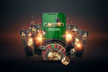 Smartphone with playing cards, chips and roulette, black-gold background. Concept of online...
