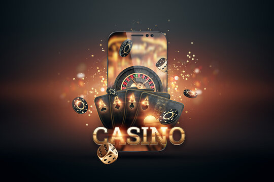 Smartphone with playing cards, chips and roulette, black-gold background. Concept of online gambling, online casino. Copy space. 3D illustration, 3D render.
