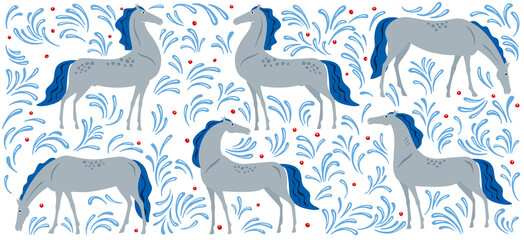 Art panels horses. Decorative painting. Vector graphics