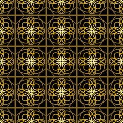seamless monochrome symmetrical pattern. gold ornate ornament on a black background. decorative surface. tile.