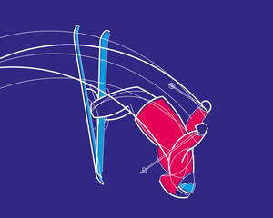 Freestyle skier flying upside down on a blue background. Linear drawing. Vector stylish graphics