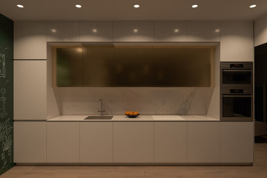 3D render of a white kitchen with gold cabinets, mediterranean interior design style. A series of illustrations of one kitchen with different lighting. Can be used to present light scenarios