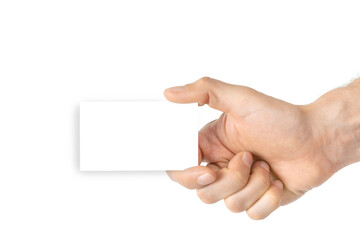 Fototapeta premium Card isolated. Hand holding blank business paper card isolated on white background. Empty credit template in person arm.