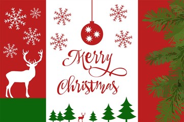 Holiday deer, Merry Christmas and New Year typographical on background with winter landscape with snowflakes, light, stars. Xmas card. Vector Illustration