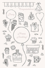 Set of party and birthday doodles. Balloons and boxes of gifts, candies, sweets and cake with candles and a hat for the birthday boy, donut and chocolate, ice cream and jam. Vector illustration
