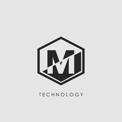 Fototapeta premium M Letter Hexagon Geometrical Techno Logo. Monogram Hexagon Geometric outline letter logo icon for science technology