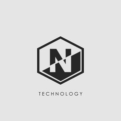N Letter Hexagon Geometrical Techno Logo. Monogram Hexagon Geometric outline letter logo icon for science technology