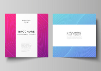 The minimal vector illustration of editable layout of two square format covers design templates for brochure, flyer, magazine. Abstract geometric pattern with colorful gradient business background.
