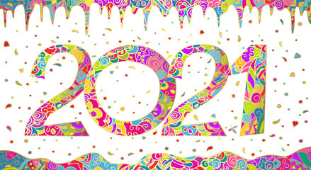 2021 New Year. Card, banner with numbers, stylized decorative snowdrifts and icicles. Vector colorful bright doodling whith gold gradient.