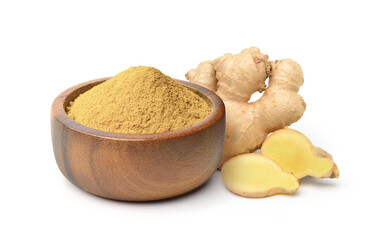 Finely dry Ginger powder in wooden bowl with  rhizome (root) sliced isolated on white background.