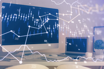 Financial market graph hologram and personal computer on background. Multi exposure. Concept of forex.