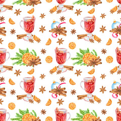Watercolor seamless pattern of mulled wine, orange slices, cinnamon, anise and Christmas tree branches. Christmas pattern.