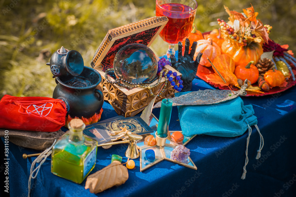 Wall mural magic scene, mystical atmosphere, view of wicca the velvet table, esoteric concept, fortune telling 