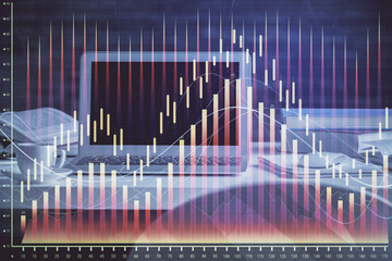 Financial chart drawing and table with computer on background. Multi exposure. Concept of international markets.