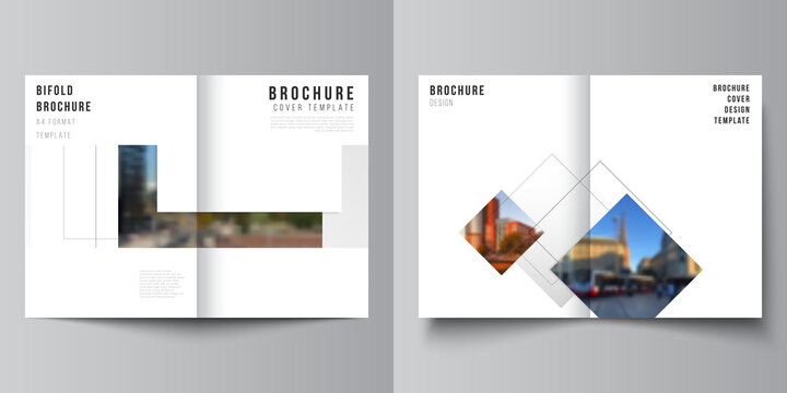 Vector layout of two A4 format cover mockups design templates with geometric simple shapes, lines and photo place for bifold brochure, flyer, magazine, cover design, book, brochure cover.