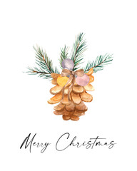 Watercolor illustration. Winter and Christmas composition for a postcard, festive design, etc. Fir-tree cone with coniferous branches, Christmas tree decorations and a bow.