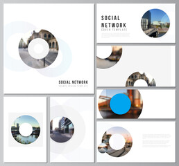 Vector layouts of modern social network mockups for cover design, website design, website backgrounds or advertising mockups. Background template with rounds, circles for IT, technology. Minimal style