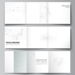 Vector layout of square covers templates for trifold brochure, flyer, cover design, book design, brochure cover. Gray technology background with connecting lines and dots. Network concept