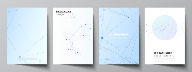 Vector layout of A4 format cover mockups templates for brochure, flyer layout, booklet, cover design, book design, brochure cover. Blue medical background with connecting lines and dots, plexus