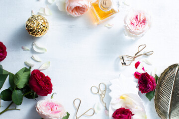 Flat lay red and pink flowers background.