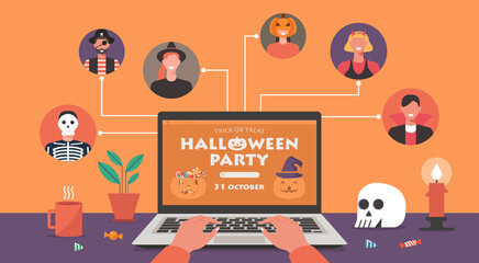 Online Halloween party concept on laptop screen, people in horror costumes connecting together with video conference to celebrate festival with skull, and candle, vector flat illustration