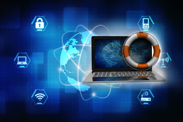 3d rendering laptop in lifebuoy