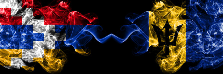 Nagorno-Karabakh, Artsakh vs Barbados, Barbadian smoky mystic flags placed side by side. Thick colored silky abstract smoke flags