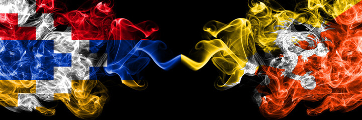 Nagorno-Karabakh, Artsakh vs Bhutan, Bhutanese smoky mystic flags placed side by side. Thick colored silky abstract smoke flags