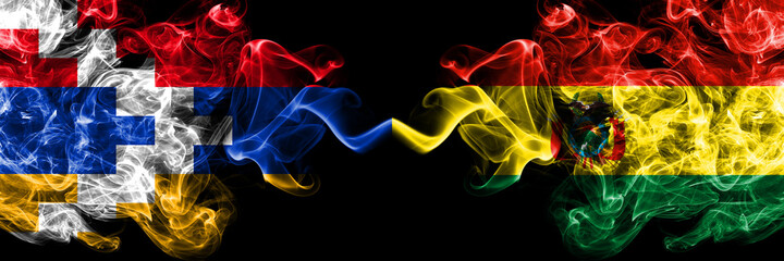 Nagorno-Karabakh, Artsakh vs Bolivia, Bolivian smoky mystic flags placed side by side. Thick colored silky abstract smoke flags