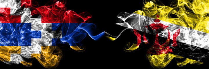 Nagorno-Karabakh, Artsakh vs Brunei, Bruneian smoky mystic flags placed side by side. Thick colored silky abstract smoke flags