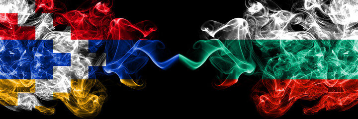 Nagorno-Karabakh, Artsakh vs Bulgaria, Bulgarian smoky mystic flags placed side by side. Thick colored silky abstract smoke flags