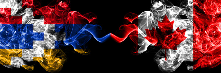 Nagorno-Karabakh, Artsakh vs Canada, Canadian smoky mystic flags placed side by side. Thick colored silky abstract smoke flags