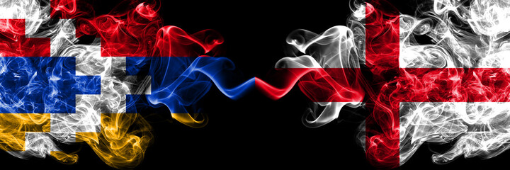 Nagorno-Karabakh, Artsakh vs England, English smoky mystic flags placed side by side. Thick colored silky abstract smoke flags