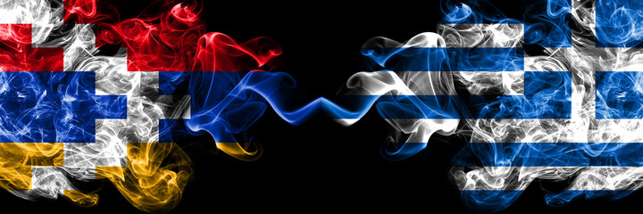 Nagorno-Karabakh, Artsakh vs Greece, Greek smoky mystic flags placed side by side. Thick colored silky abstract smoke flags