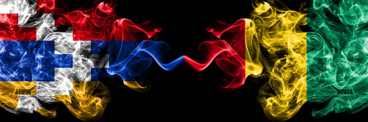 Nagorno-Karabakh, Artsakh vs Guinea, Guinean smoky mystic flags placed side by side. Thick colored silky abstract smoke flags