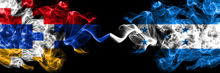 Nagorno-Karabakh, Artsakh vs Honduras, Honduran smoky mystic flags placed side by side. Thick colored silky abstract smoke flags