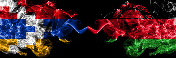 Nagorno-Karabakh, Artsakh vs Malawi, Malawian smoky mystic flags placed side by side. Thick colored silky abstract smoke flags