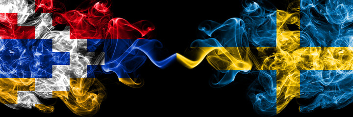 Nagorno-Karabakh, Artsakh vs Sweden, Swedish smoky mystic flags placed side by side. Thick colored silky abstract smoke flags
