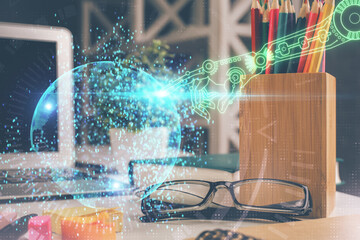 Data tech hologram with glasses on the table background. Concept of technology. Double exposure.