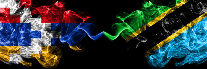 Nagorno-Karabakh, Artsakh vs Tanzania, Tanzanian smoky mystic flags placed side by side. Thick colored silky abstract smoke flags