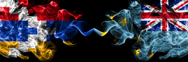 Nagorno-Karabakh, Artsakh vs Tuvalu, Tuvaluan smoky mystic flags placed side by side. Thick colored silky abstract smoke flags