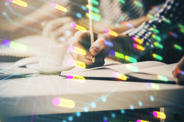 Naklejka premium Writing man's hands background with technology icons.
