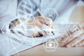 Man's hands working with notes background. Genetic engineering and gene manipulation concept.