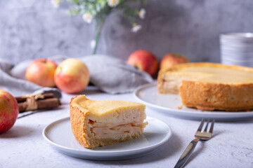 Apple pie with cinnamon and sour cream. Homemade baking. Traditional Russian pie. Close-up.