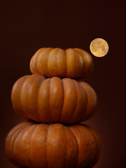 Halloween Pumpkin With Full Moon and Moonlight.