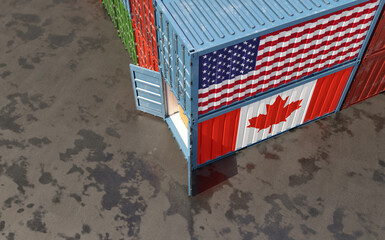 Freight containers with USA and Canada national flag. 3D Rendering